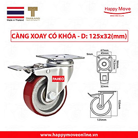Bánh xe đẩy PU cốt gang càng xoay 360 có khóa 75-100-125mm - Happy Move Thái Lan