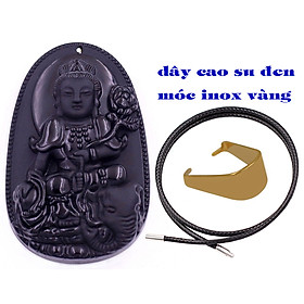 Mặt dây chuyền Phật Phổ hiền đá đen 3.6 cm kèm móc inox vàng và vòng cổ dây cao su đen, Mặt Phật bản mệnh