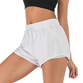 Quần shorts thể thao dành cho nữ, thiết kế thời trang, giả 2 mảnh, nhanh khô, thấm hút mồ hôi-Màu trắng-Size