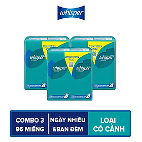 Combo 3 Băng Vệ Sinh Whisper Wings Có Cánh Ngày Nhiều Và Ban Đêm (Gói Lớn Tiết Kiệm 32 Miếng)