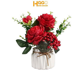 Mua Hoa lụa  chậu hoa sứ mini cắm sẵn nhiều mẫu hoa trang trí bàn kệ tủ kệ sách