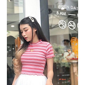 Áo Thun Nữ Croptop Tay Ngắn Sọc Hồng Tim Chất Đẹp Mịn