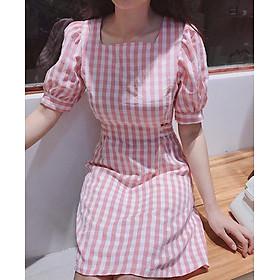 Đầm váy caro hồng cổ vuông v2 (kèm hình thật)
