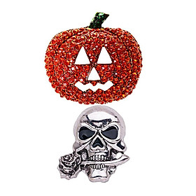2 Pieces Crystal Pumpkin Creepy Skeleton Head Brooch Pin Halloween Jewelry