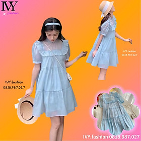 Đầm váy suông baby doll voan tơ lót lụa cổ bèo tay phồng ngắn xanh ngọc đi biển dự tiệc dạo phố bigsize đầm bầu đẹp