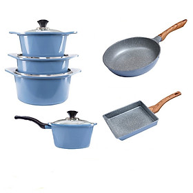 Combo 6 món, nồi đúc ceramic đế từ xanh size 18-20-22-24cm, chảo vân đá ceramic vuông size 20x23cm và tròn size 26cm màu xanh (dùng được tất cả các bếp, kể cả bếp từ)