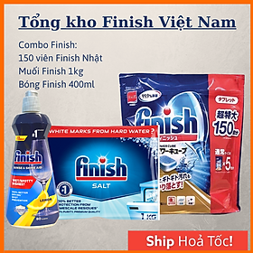 Combo Viên rửa bát Finish Nhật 150 viên + Muối rửa bát Finish 1kg + Nước làm bóng và khô bát 400ml dùng cho máy rửa bát