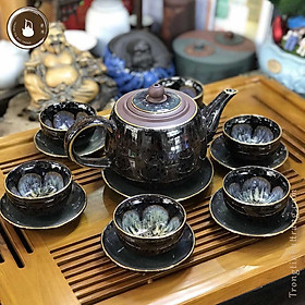 Mua Bộ Ấm Chén Trà Đạo Men Hỏa Biến Mã Não Bát Tràng Vẽ Vàng Dáng Thủy Bình Dung Tích 500ml (Bộ Ấm Chén) AVMT 18