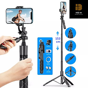 Gậy chụp hình Selfie Tripod CYKE kéo dài 153cm xoay 360 độ tích hợp điều khiển không dây bluetooth kèm đèn Led có thể tháo rời, đầu có vít 1/4"-Hàng chính hãng