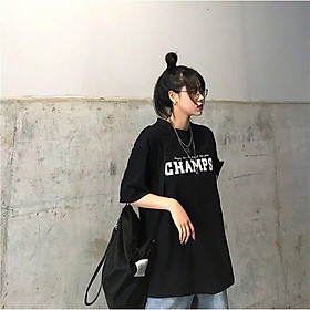 ÁO THUN NỮ NAM MÀU ĐEN VẢI COTTON FORM RỘNG TAY LỠ UNISEX CHAMPS Áo thun nam nữ tay lỡ cổ tròn Champs vải Cotton co giãn, dày dặn, form rộng