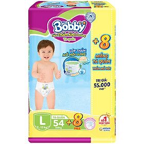 Tã Quần Bobby - Đệm Lưng Thấm Mồ Hôi L54 (54 Miếng) - Tặng 8 Miếng Trong GóI