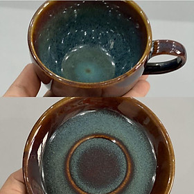 Bộ cốc tách sứ cà phê capuchino 220ml - Cốc thìa đĩa kê - Men hỏa biến - Gốm Bát tràng cao cấp