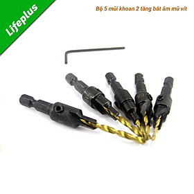 Bộ 5 mũi khoan 2 tầng chỉnh cữ bắt âm mũ vít 2-3.55mm khoan gỗ nhôm đồng chuôi lục giác