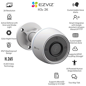 Camera EZVIZ H3C 2K Độ Phân Giải 3MP Có Màu Ban Đêm, Đèn Cảnh Báo - Hàng Chính Hãng