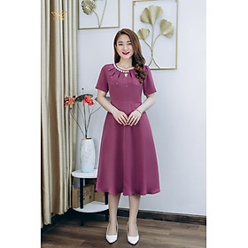 Đầm xòe thiết kế trung niên cao cấp sang trọng Cổ tròn khoét V kết ngọc màu Hồng ruốc TTV STORE TTV1270