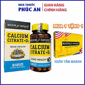 Viên uống bổ sung Canxi hữu cơ + Vitamin D3 cho bà bầu Mason Natural Calcium Citrate + D3 Mỹ 60 viên