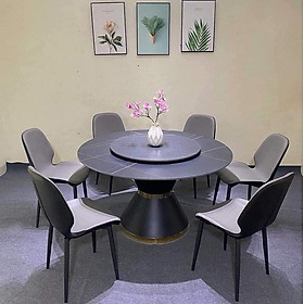 Bộ bàn ghế phòng ăn Tundo mặt tròn xoay đá ceramic kèm 6 ghế