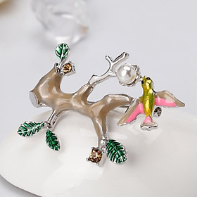 Lovely Alloy Pearl Bird Brooch with Enamel Leaves for Women Accessory