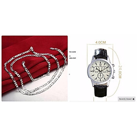 Combo đồng hồ kim dây da và dây chuyền bạc 925 thời trang nam nữ