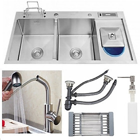 Combo chậu rửa chén bát inox sus304 hộc rác + cài dao 10048, vòi rửa bát inox nóng lạnh đầu rút 02, rá inox, bộ xả chậu, bình xà phòng