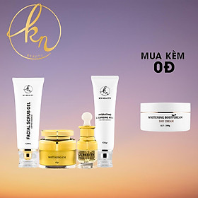 Bộ 4 bước chăm sóc da Trắng sáng Ngừa mụn KN Beauty chuyên sâu: Kem dưỡng 15g + Serum 30ml+ Sữa rửa mặt 100g+ Tẩy tế bào chết 120ml (Tặng kem body bơ))