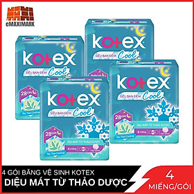 Combo 4 Gói Băng Vệ Sinh Kotex siêu ban đêm Cool mặt bông cánh 28cm Gói 4 Miếng x4