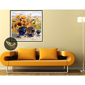 Tranh treo tường tĩnh vật, mèo bên lọ hoa sang trọng,  phong cách sơn dầu,in canvas , kèm khung siêu nhẹ PVP-DC1V-05