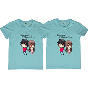 Áo Thun Đôi Họa Tiết Cặp Đôi Xinh Xắn Màu Xanh Biển
