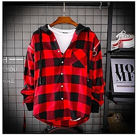Áo khoác sơ mi khoác ngoài form rộng - sơ mi nam nữ sọc caro Unisex có mủ
