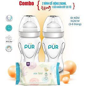 Combo 2 bình sữa Pur cổ rộng 250ml kèm núm M