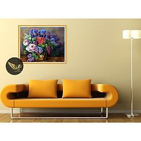 Tranh treo tường lọ hoa cúc xanh phong cách sơn dầu,in canvas sang trọng PVP-DC1V-02