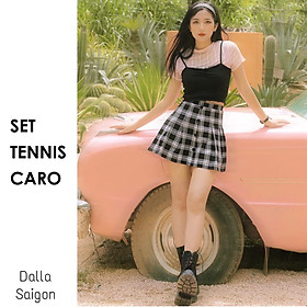 SET váy xếp ly tennis caro đen trắng phối áo croptop ren hồng, áo dây đen