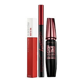 Bộ Trang Điểm Mắt Và Môi Maybelline (Son Kem Lì Stay Ink Màu 20 + Mascaca Hyper Curl + Bút Kẻ Mắt Nước Power Black)
