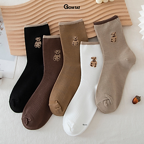 Set 5 Đôi Tất Nữ Cổ Cao Họa Tiết Chú Gấu Dễ Thương, Vớ Cao Cổ Nữ Thời Trang Đơn Giản- CBCC83