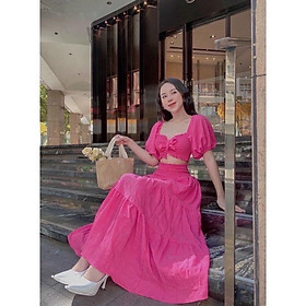 Sét maxi nữ áo croprop bo chun phối chân váy xòe dài thích hợp cho nàng đi biển