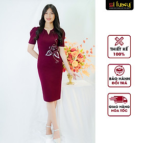 Đầm công sở nữ Siluxy váy thiết kế đỏ đô dáng ôm tay bồng đính hoa eo thủ công tinh tế