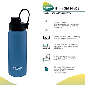 Bình Giữ Nhiệt Carez IBC628SC530N - XANH CYAN- 530ml, Inox 304, Không chứa BPA - Giữ nóng đến 8 tiếng, giữ lạnh đến 24 tiếng - Hàng chính hãng
