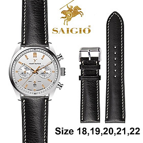 Dây Đồng Hồ Da Bò Cao Cấp, Kiểu Dáng Cổ Điển - Chỉ Trắng, Mặt Lót Chống Thấm Mồ Hôi, Tích Hợp Lớp Gia Cố Chống Giãn Đặc Biệt, Phụ Kiện Khóa và Chốt Bằng Thép Không Gỉ 316L - Hàng Chính Hãng SAIGIO - Đen + Khóa Bạc - 22-20mm