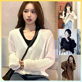 SET áo len Montoghi kiểu YẾM MIX áo LƯỚI DÀI CỔ V thời trang sành điệu