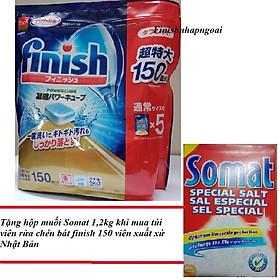 Tặng gói muối làm mềm nuớc Somat 1,2kg khi mua túi viên rửa chén bát Finish 150 viên Nhật Bản