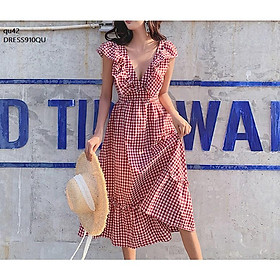 DRESS817 ĐẦM ĐỎ CARO NHÚN BÈO