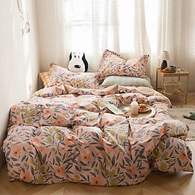 Bộ chăn ga gối cotton PL1 - Hoa Cam Hồng - TẶNG 01 MÓC KHÓA HOUSTON