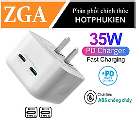 Adapter cóc củ sạc type C sạc nhanh 35W đa năng 2 cổng PD USB-C hiệu ZGA CT11 chuẩn sạc nhanh PD 3.0,  chip sạc thông minh, chân cắm US-UK có thể thu gọn