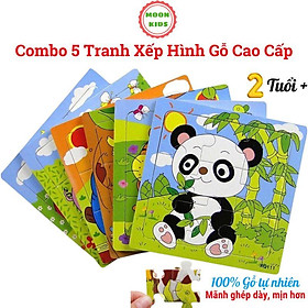 Xếp hình cho bé combo 5 tranh ghép gỗ 9 mãnh size lớn cho bé thông minh