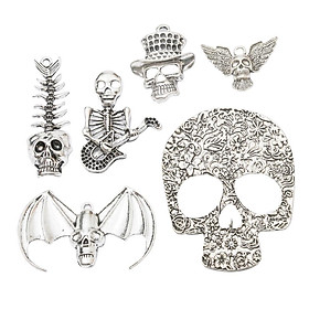 6x Assorted Antique Silver Skeleton Pendant Charms Halloween Jewelry Crafts