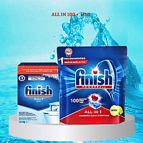 combo Viên rửa bát finish all in one 100 viên  Muối rửa bát finish 1.5kg  cho Máy rửa bát - Combo 100V finish  Muối Finish 1.5kg