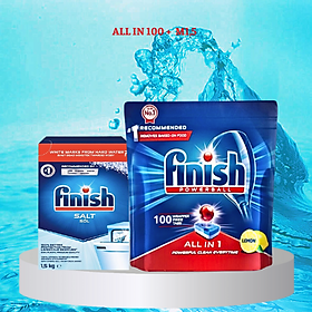 combo Viên rửa bát finish all in one 100 viên+Muối rửa bát finish 1.5kg  cho Máy rửa bát