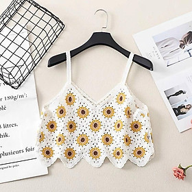 Áo 2 dây nữ sợi móc họa tiết hoa cúc vạt zic zắc