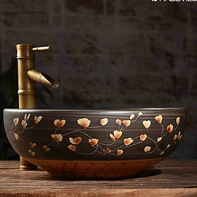 CHẬU RỬA MẶT LAVABO GỐM SỨ ĐẶT BÀN HÌNH TRÒN HỌA TIẾT HOA VĂN 3