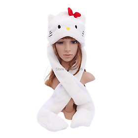 Phim hoạt hình Động Vật Sang Trọng Faux Fur Đầy Đủ Mui Xe Màu Trắng Cat Hat Phụ Nữ Cô Gái Trẻ Em Trang Phục Beanie với Khăn Dài Găng Tay Găng Tay earmuffs